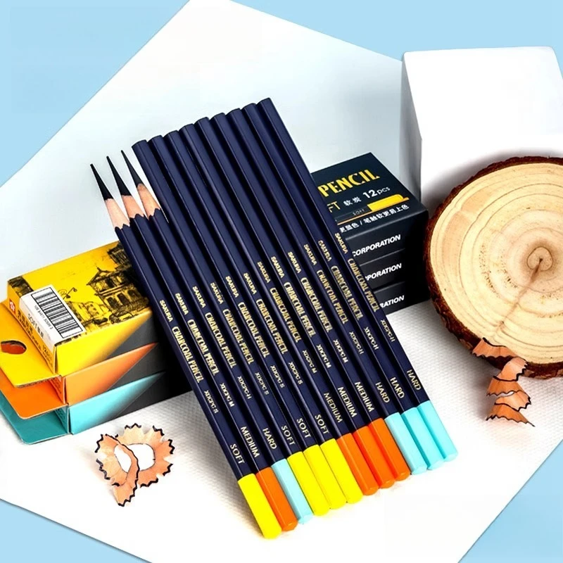 SAKURA Professional Charcoal Wooden Pencil Set Sketch Drawing Soft Medium Hard Wood Pencils - Artist & Student Art Supplies