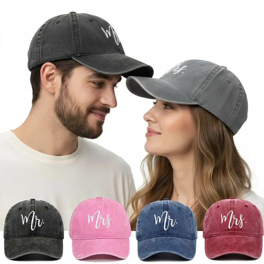 Fashion Washed Cotton Mr Mrs Embroidery Caps Vintage Adjustable Baseball Cap Casual Breathable Couple Baseball Hats