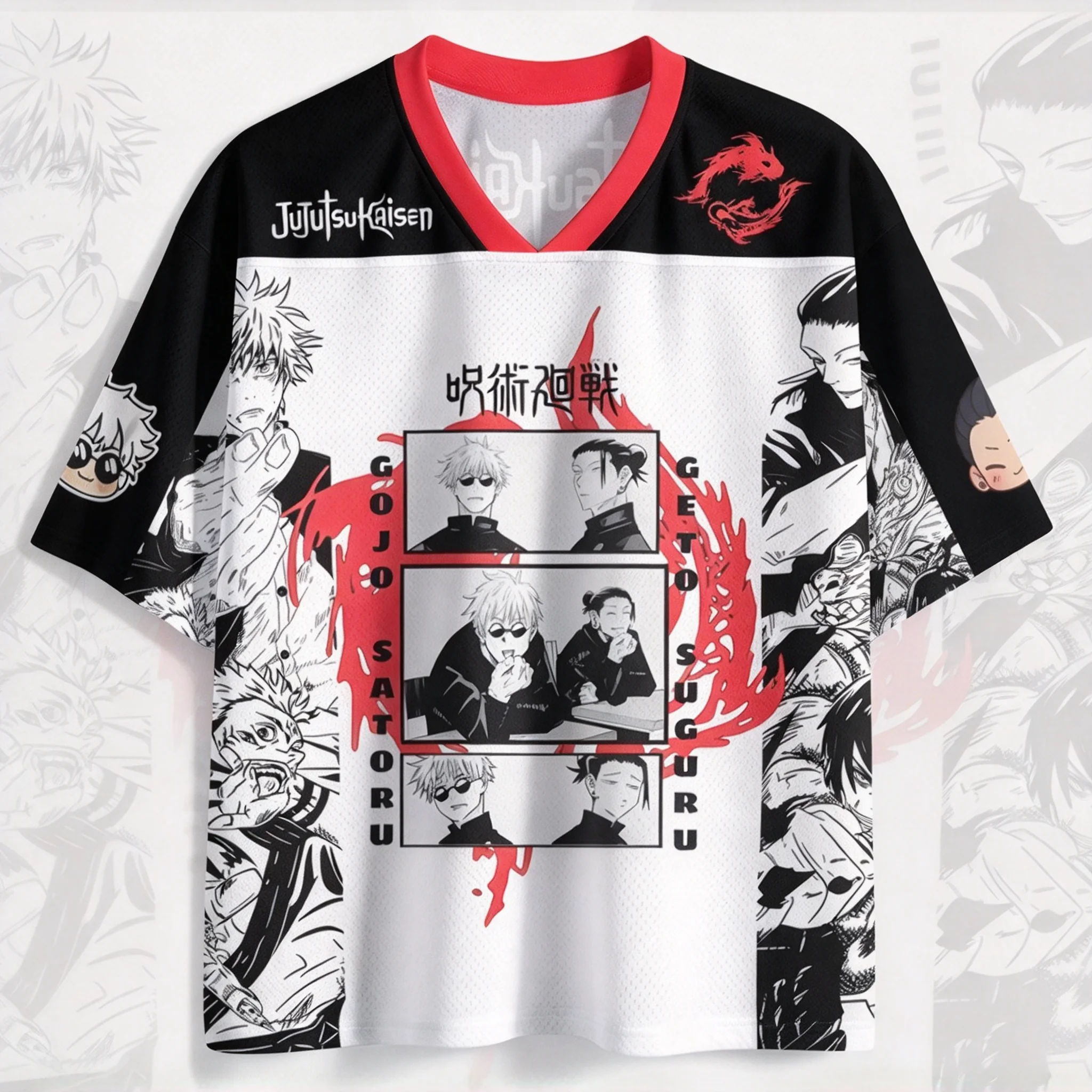 Trendy Retro Jujutsu Kaisen Comic Panel V Neck Shirt Unisex Stylish All Over Print Top For Daily Casual Weekend Outfit