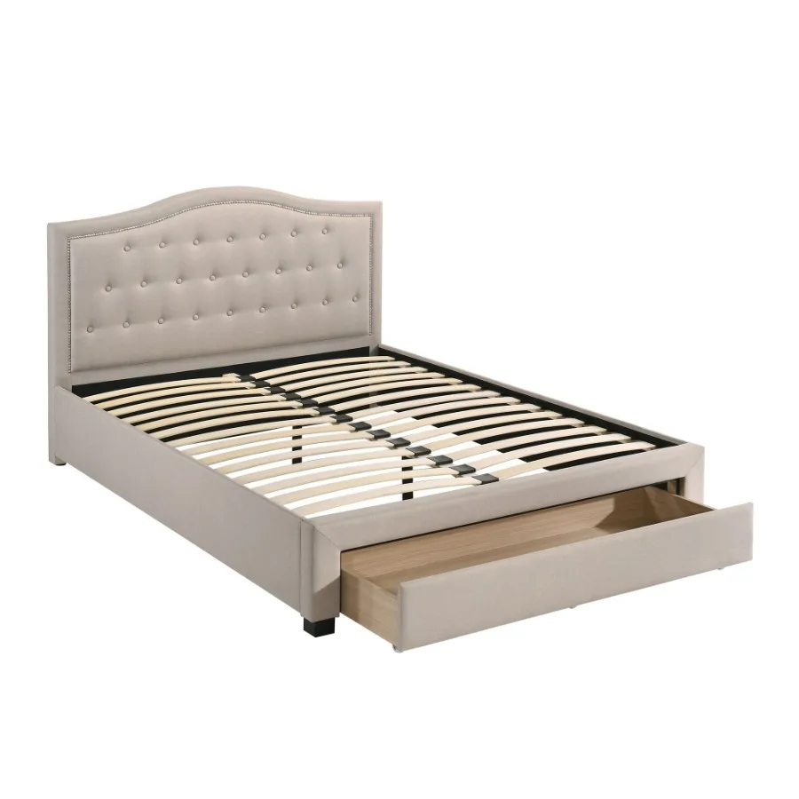 

Light Brown Burlap Fabric 1pcs Full Size Bed w Drawer Button Tufted Arch Design board Storage FB Bedframe Bedroom Furniture