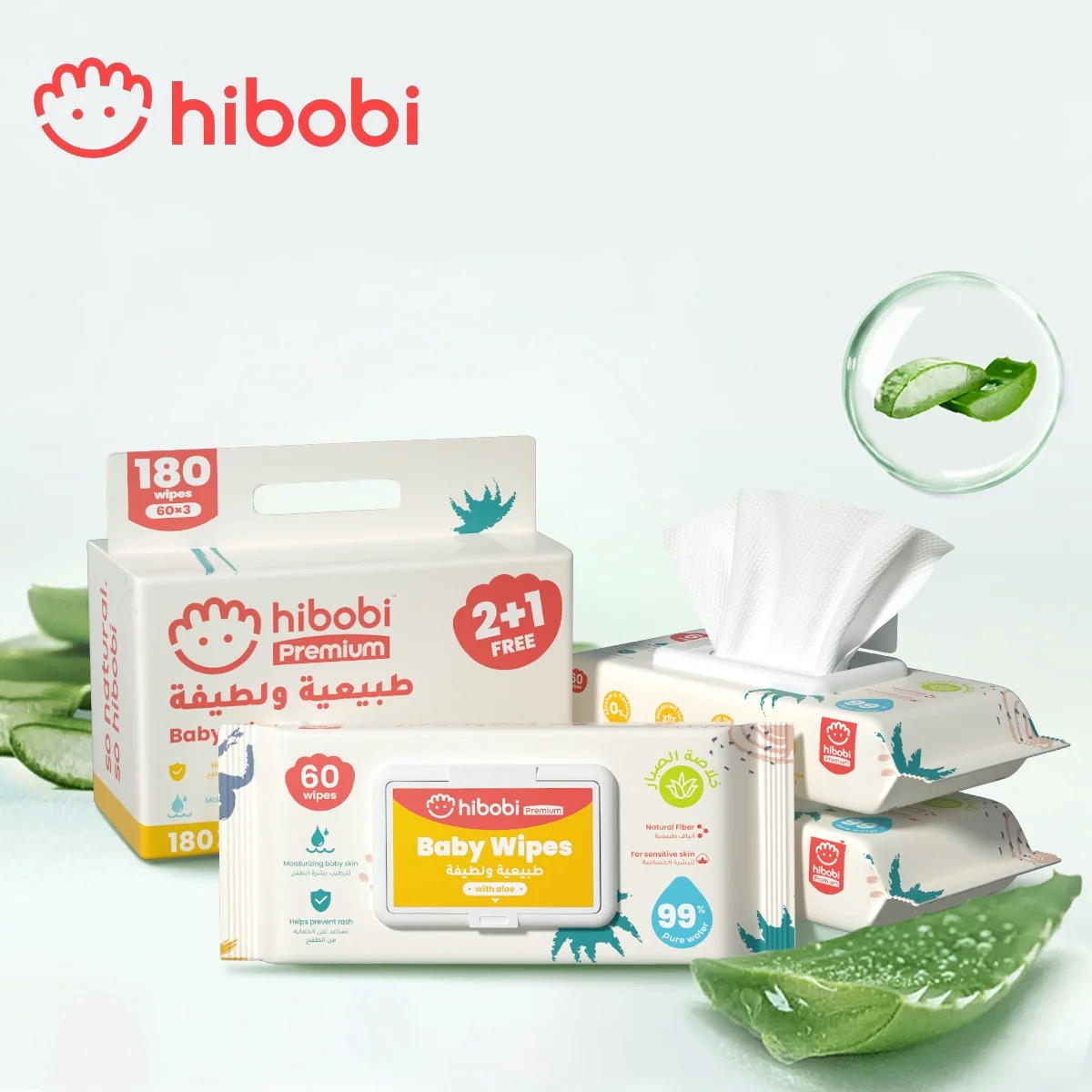 hibobi Extra Gentle Baby Wipes, 99% Water and Aloe,Cleansing & Moisturizing 2 in 1,Hypoallergenic Wet Wipes,180 Wipes(3 Pack)