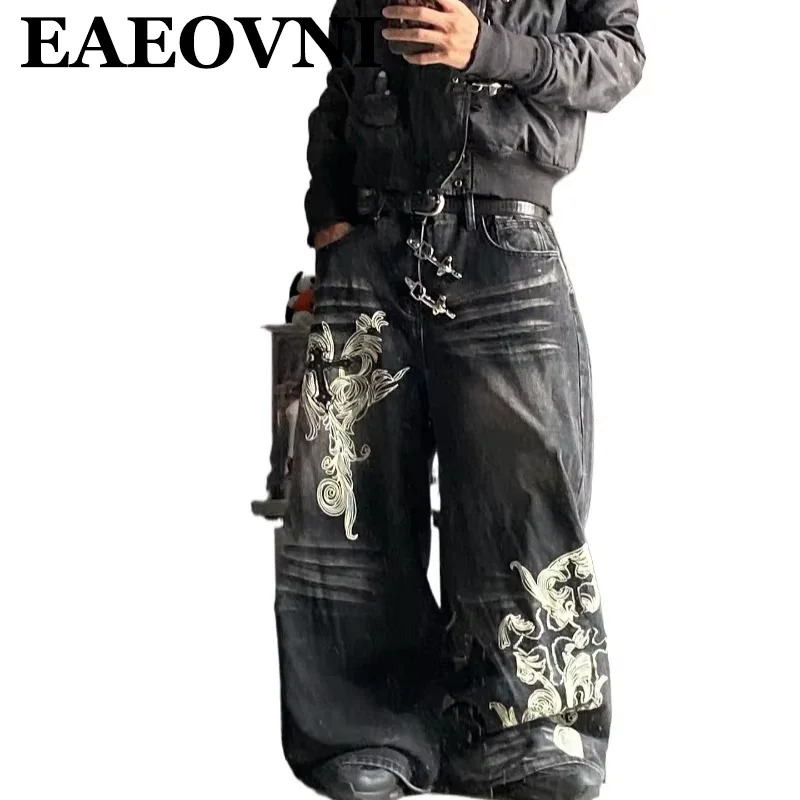 Men Gothic Harajuku Hip Hop Joker Wide-leg Pants American Y2K Vintage New Printed Black Baggy Jeans Popular Casual Trousers