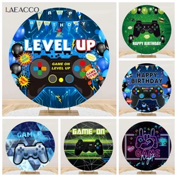 Game Theme Round Background Gamepad Game On Party Child Kids Happy Birthday Black Blue Balloon Decor Circle Photography Backdrop