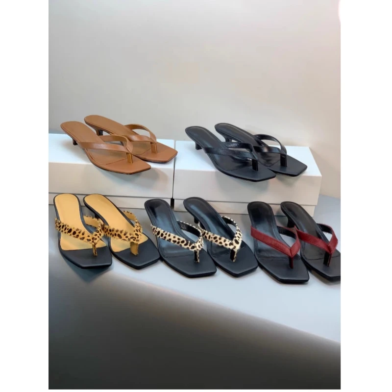 

2025 new niche retro square toe women's horsehair cat heel comfortable flip flops