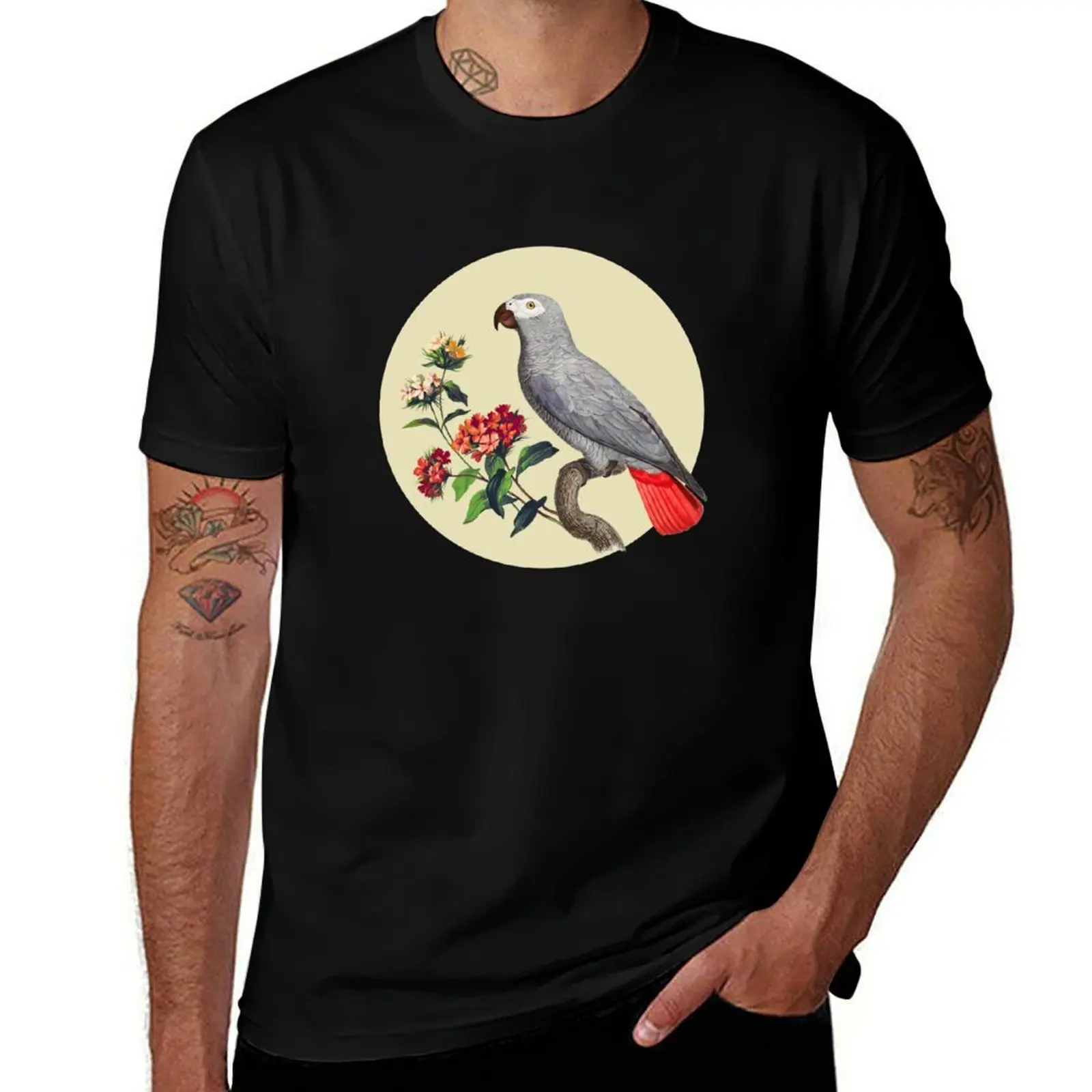 

African Grey parrot and flower T-Shirt plus sizes vintage anime shirt mens graphic t-shirts funny