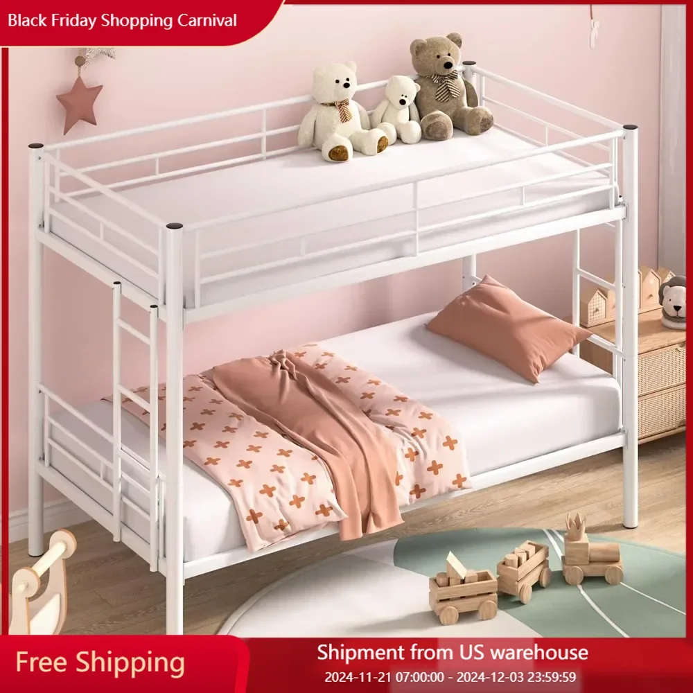 Children's bed, metal loft bunk bed with desk, ladder, and full length guardrail, noise free, no need for spring box