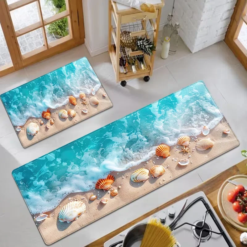 Küsten-3D-Ozean-Strand-Küchenteppich, rutschfeste Bodenmatte mit Muschelmuster, waschbarer Anti-Rutsch-Läufer für den Innenbereich, Eingangsbereich, Flur