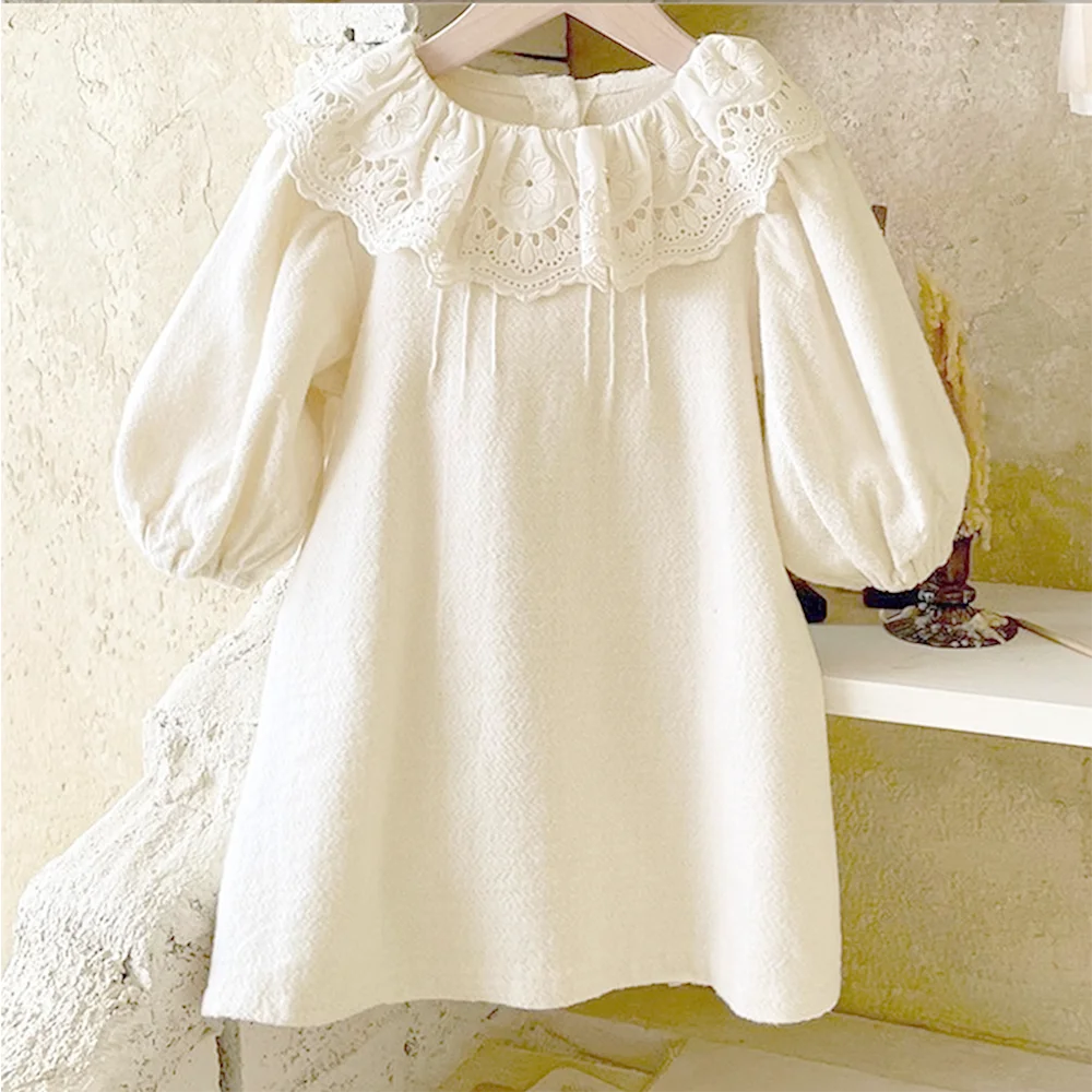 Casual Girls Ruffles Lace Collar Dress Autumn Long Sleeve Kids Dresses for Toddler Girls White Dress Fashion Children's Clothing