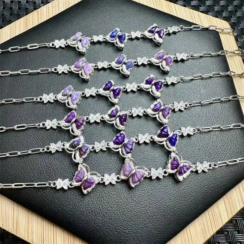 

S925 Natural Sugilite Butterfly Bracelet Handmade Crystal Jewelry Stretch Bangle Children Birthday Gift 1pcs