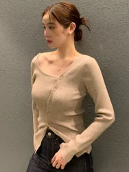 Early Spring Fashionable Korean Style Shoulder Bared Long Sleeve Knitted Top Slim Fit Casual Wear for Women