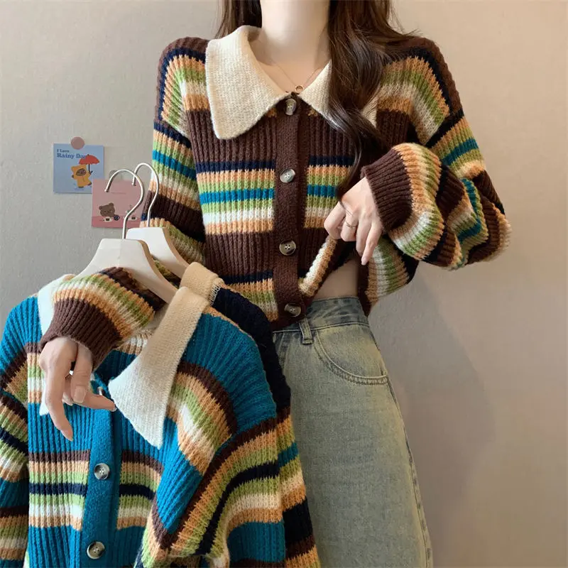 Autumn Woman Clothes Striped Sweater Well-designed Contrasting Colors Grace Fashion Leisure Colorful Bright Niche Pullovers Chic