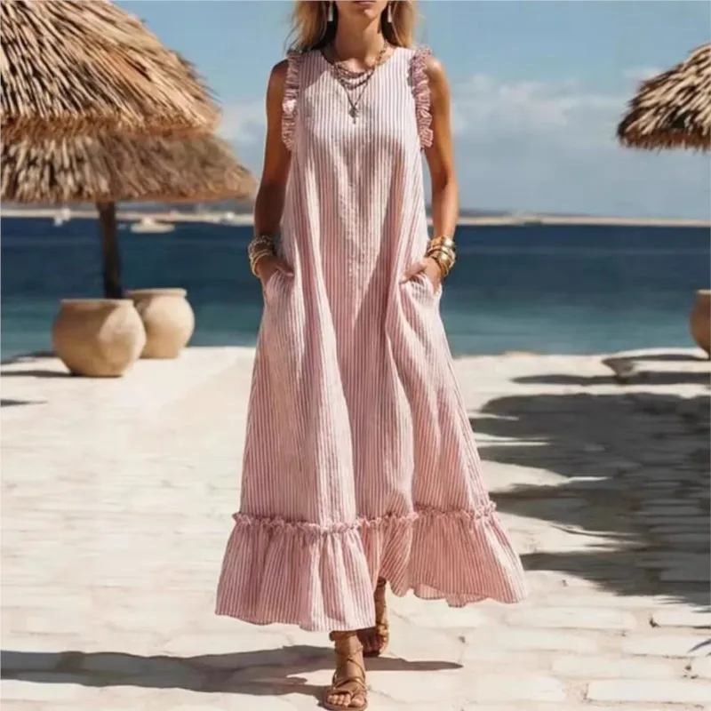 

Summer New Striped Print Ruffle Loose Maxi Dresses Women Casual Round Neck Sleeveless Pockets Holiday Party Vest Dress Vestidos