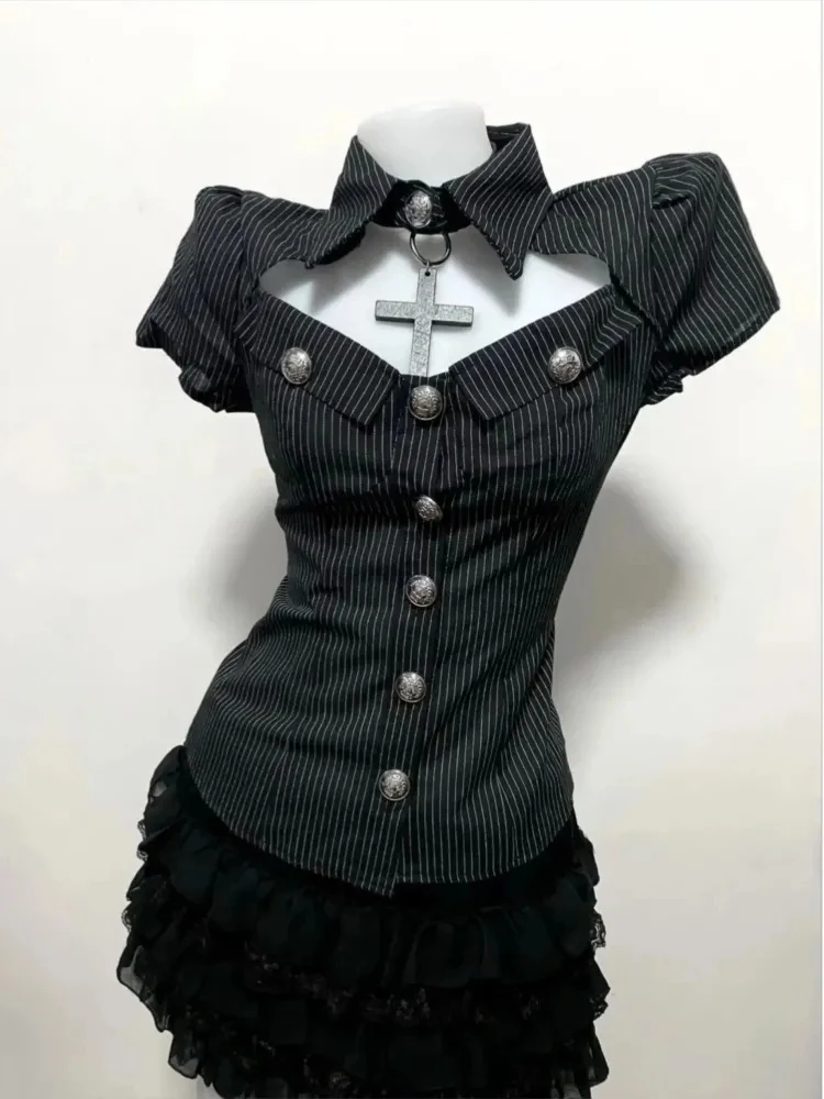 Y2K Vintage Striped Waist-Cinching Short Sleeve Shirt And Black  Skirt Set Women's Summer Fashion Outfit Casual Workwear