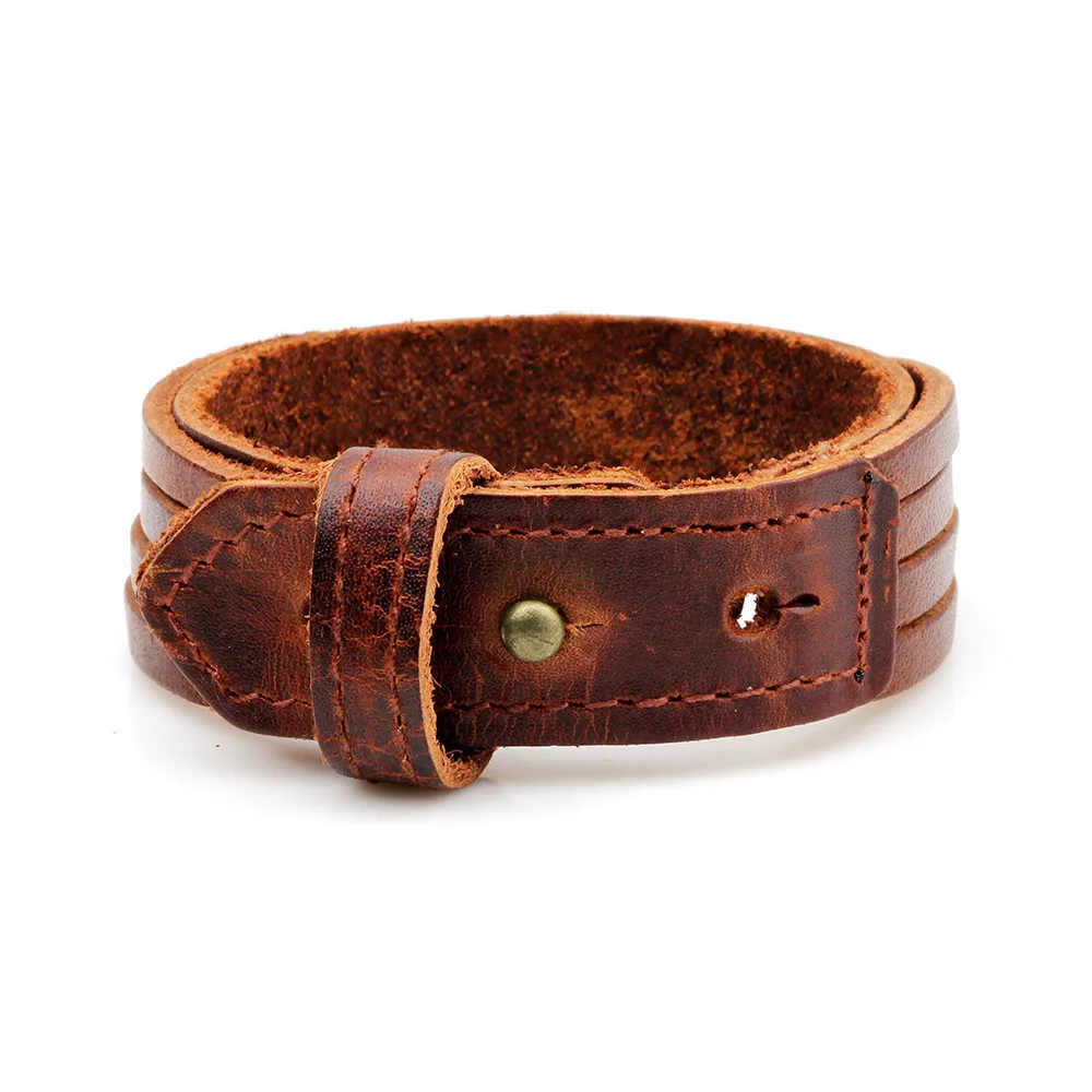 Kirykle Male Cow Leather Bracelets Biker Jewelry Men\'s Bracelet Retro Wristband Bangles Man Jewelry Alloy Buckle Adjustable