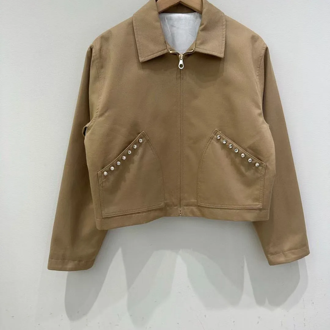 

Diamond Decoration Set for Women Turn-Down Collar Long Sleeve Zipper Coat + High Waist Shorts Casual Female Suit