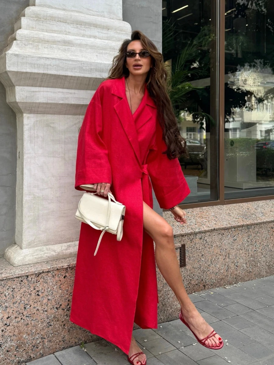 

Women's Summer New Stylish Red Linen Wrap Maxi Dress Lapel Kimono Sleeve Belted Long Robe Elegant Chic Dress