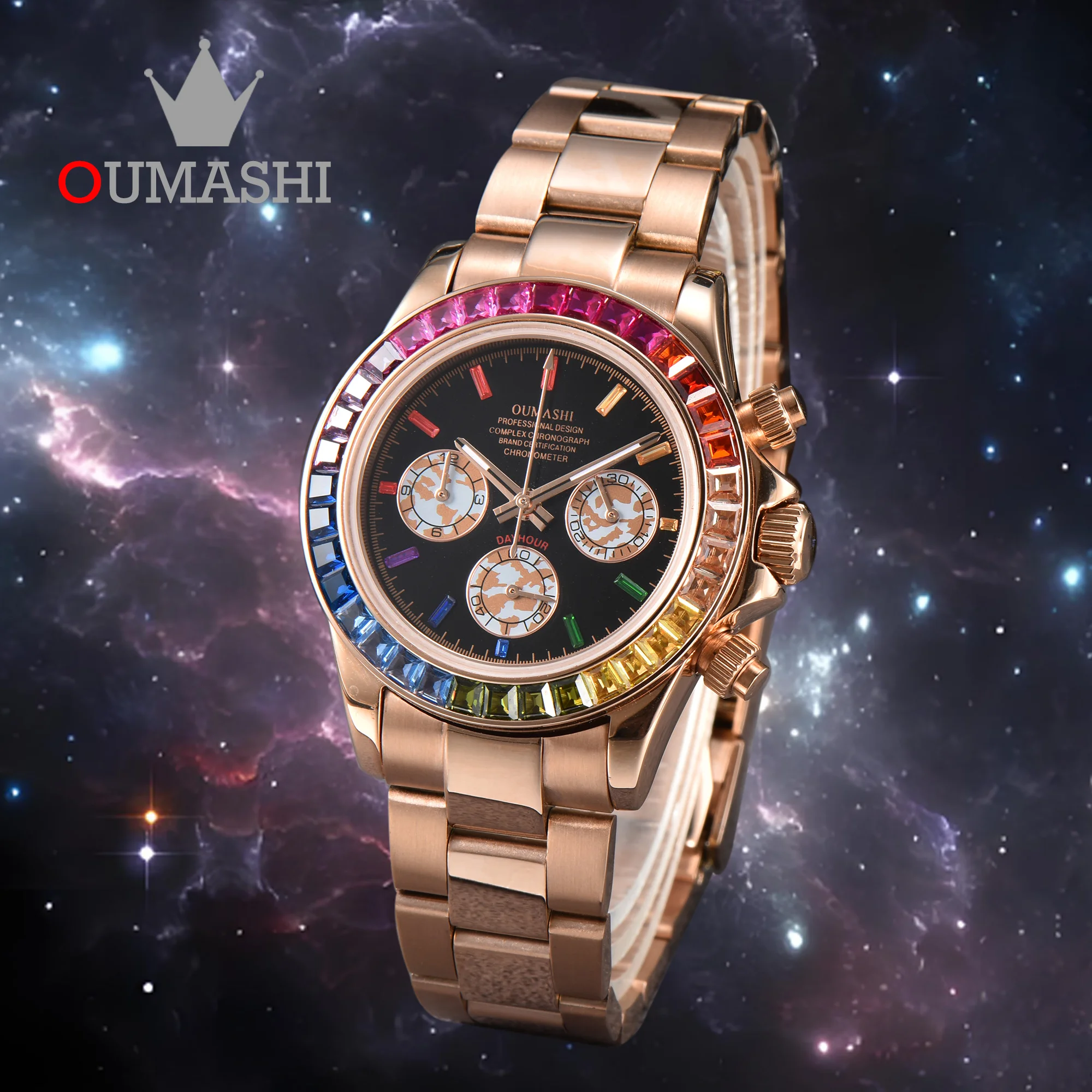 DTN series watch OUMASHI rose gold series diamond dial, rainbow crystal scale, sapphire glass waterproof VK63 chronograph