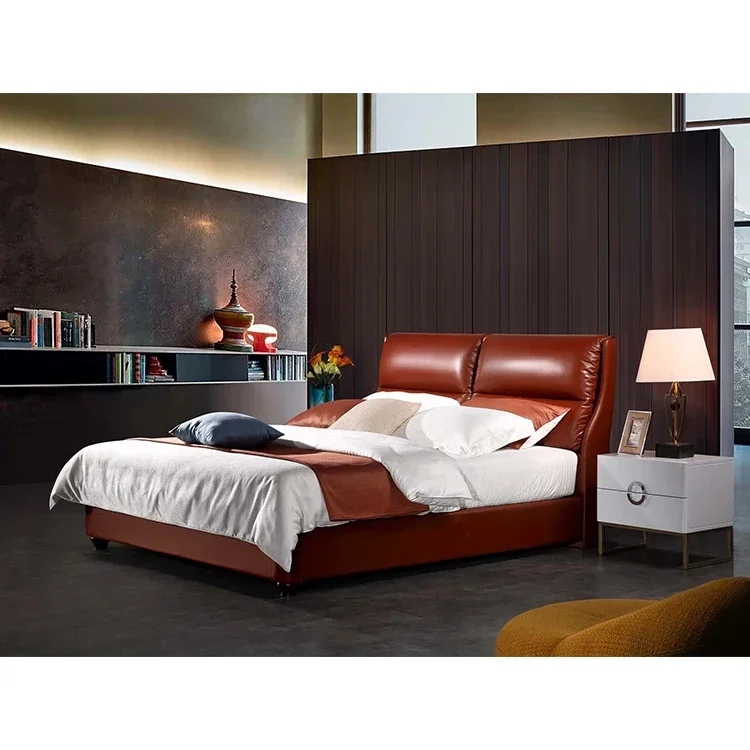 

Genuine leather bed solid wood double bed 1.8 m master bedroom leather storage modern simple wedding Queen Antique Style