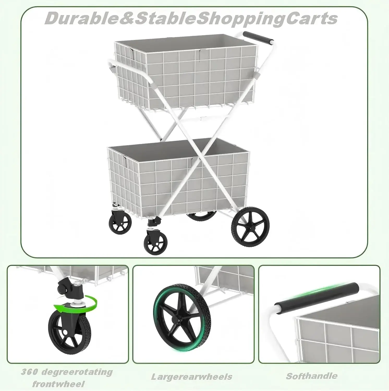 عربة تسوق كبيرة قابلة للطي بوزن 220 رطل على عجلات للبقالة، عربة بقالة كبيرة جدًا بطبقتين مع 2 قابلة للإزالة (أبيض) #6