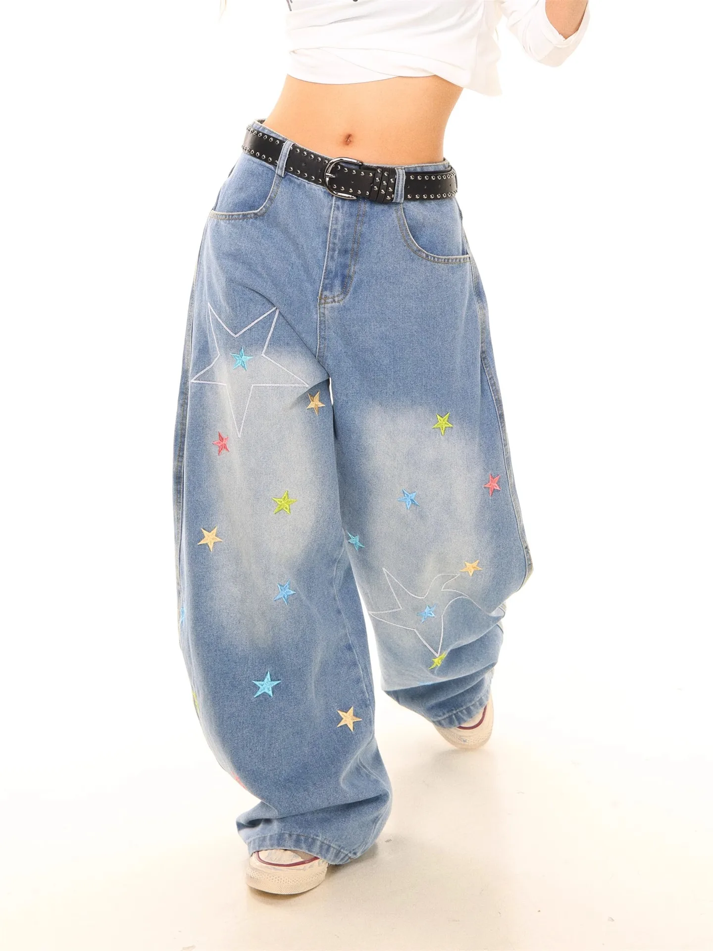 

Fashion Star Printed Jeans 2025 Retro Denim Mopping Trousers Korean Style High Street Loose Hip Hop Wide-leg Jean Pants