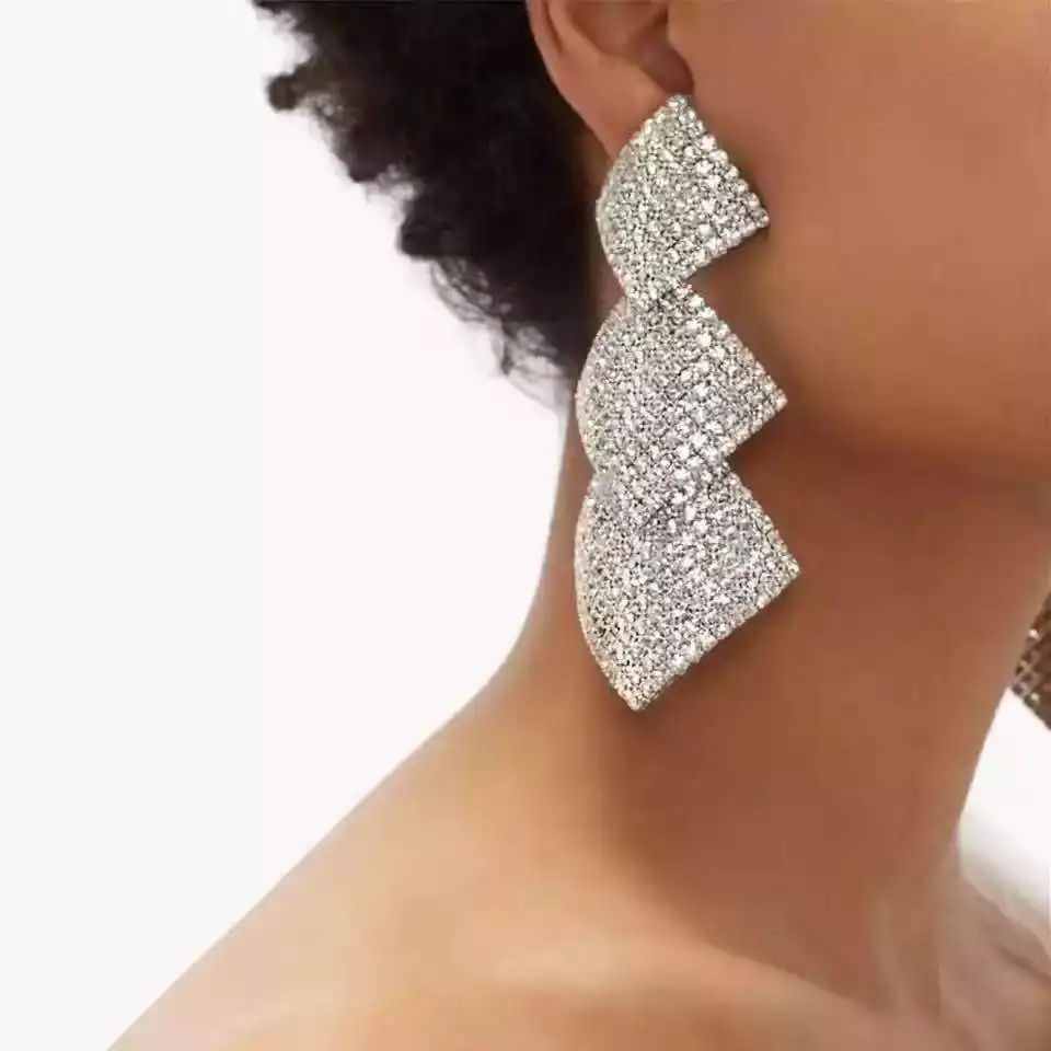 حار بيع طبقة مزدوجة الماس أقراط الماس الكامل مع مبالغ فيها هندسية مخلب سلسلة أقراط حجر الراين، هندسة المجوهرات