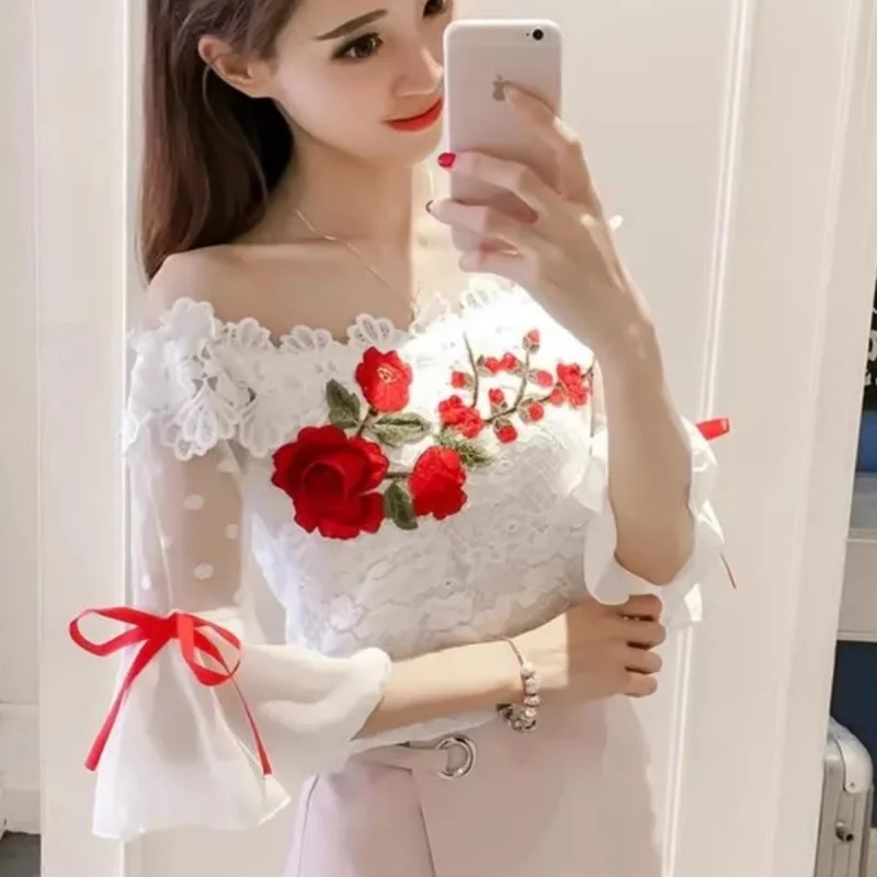 

2026 Women Summer Blouse Sweet Bow Floral Embroidery Lace Shirt Ladies Short Sleeve Slash Neck Mesh Blouses Blusas Short Tops