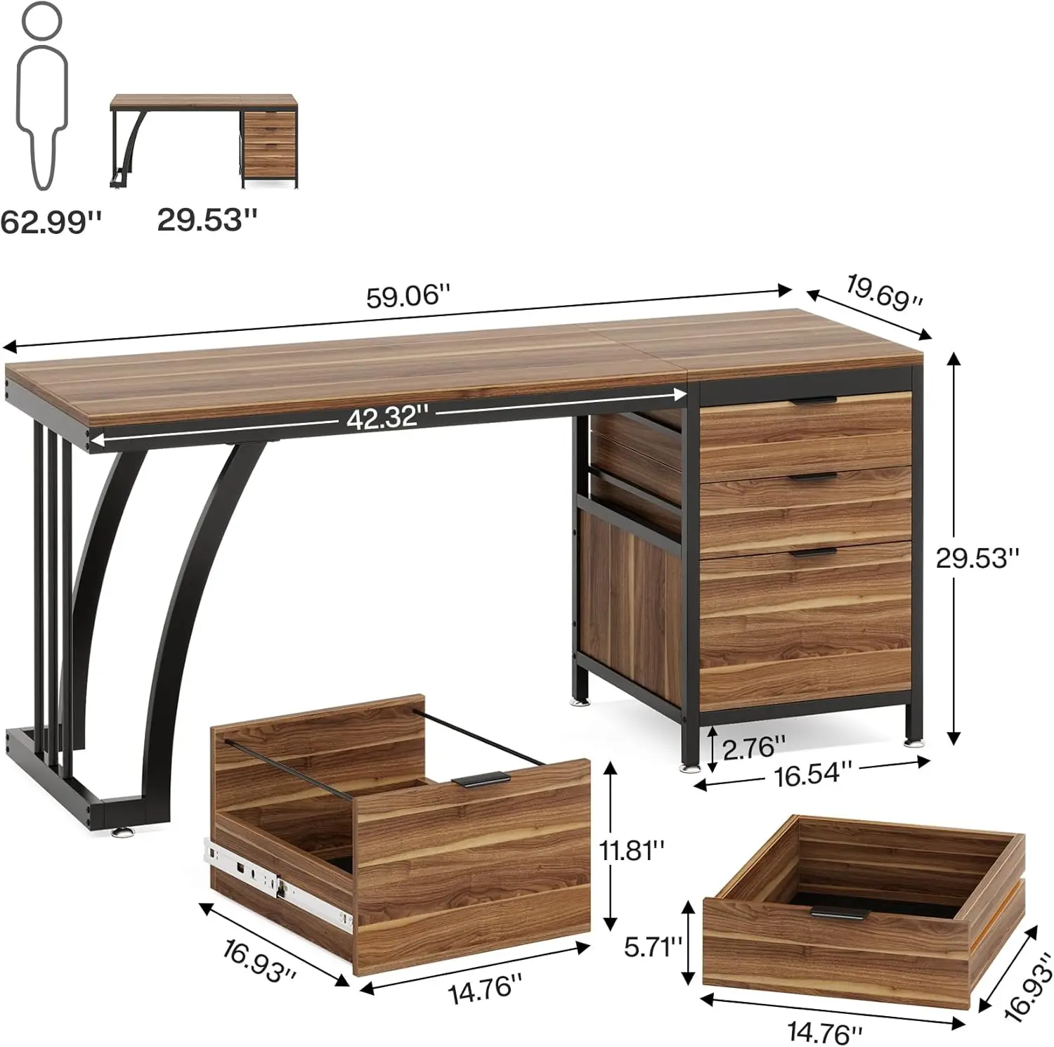 Tribesigns Computer Desk with 3 Drawers, 59-Inch PC Desk with Reversible Drawers, Industrial Study Writing Table Workstation wit