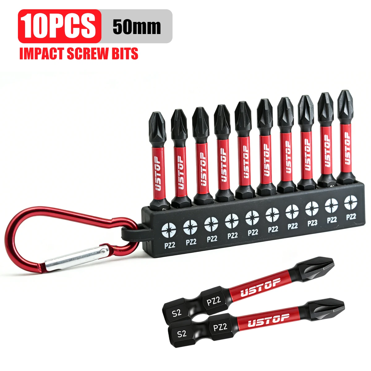 Conjunto de 10 Peças de Bits de Impacto Universais Pz2 com Clipe de Carabina, 50mm, Bits Magnéticos Phillips, Material em Aço S2, Compatível com Furadeiras e Chaves de Fenda Elétricas