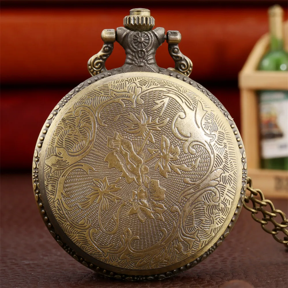 Classic Vintage Steampunk Train Quartz Pocket Watch with Necklace Chain Fashion Bronze Best Gift for Male Men Kids Clock