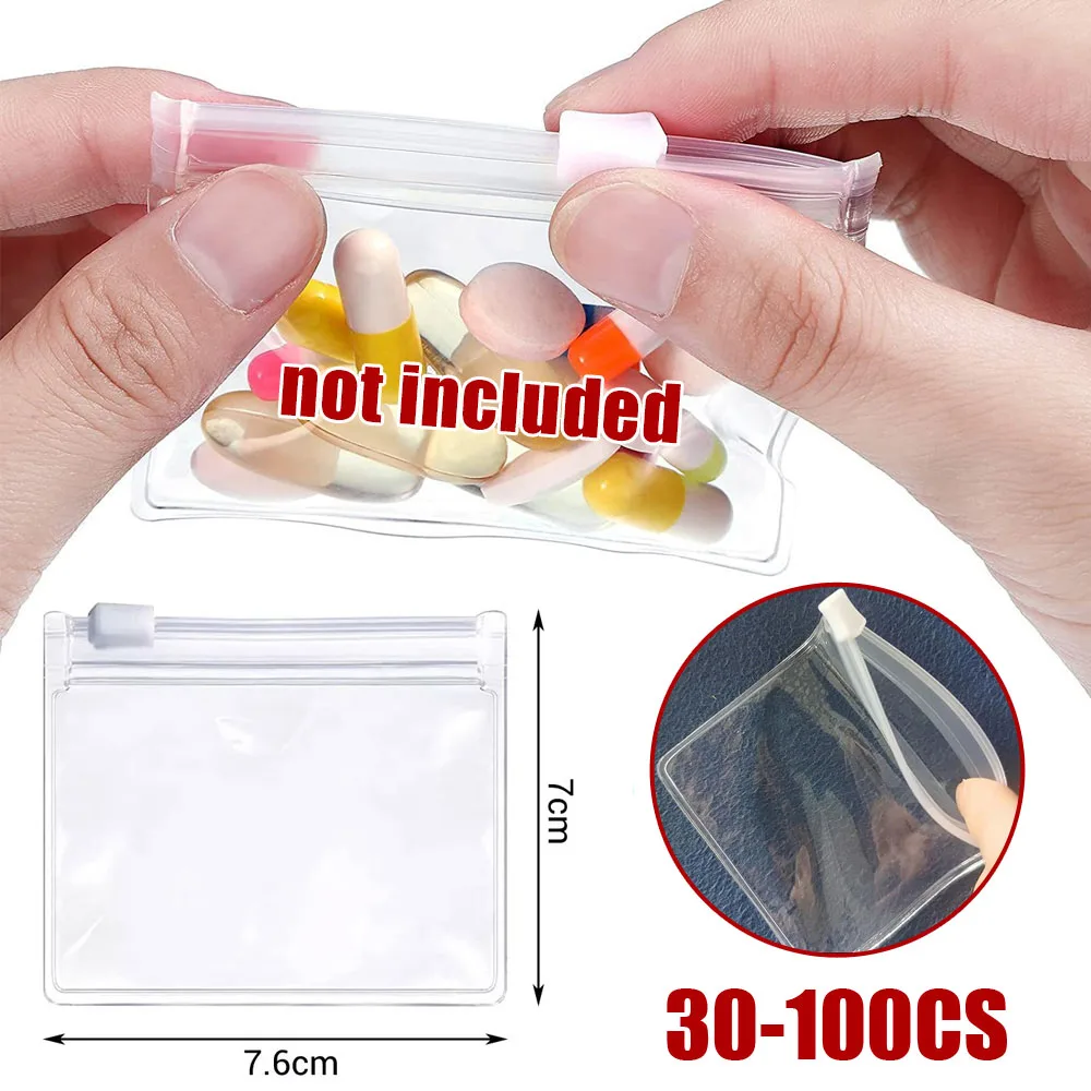 

30-100 шт., сумки для таблеток на молнии, прозрачный органайзер для лекарств, чехол для хранения, многоразовая самозапечатывающаяся сумка для упаковки таблеток, дорожная сумка