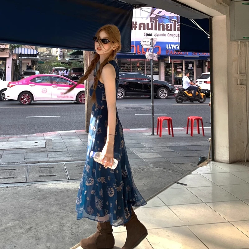 Francês retro com decote em v novo colete feminino vestido curto 2025 verão novo azul impressão cintura fina a linha camisola sexy vestidos longos senhoras