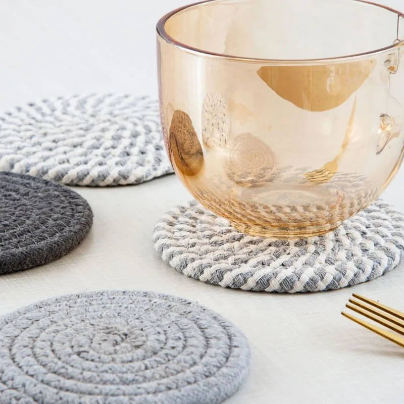 Nordic Cotton Rope Woven Placemat Kitchen Dining Table Thickened Mat Circular Cotton Thread Woven Coaster And Storage Rack