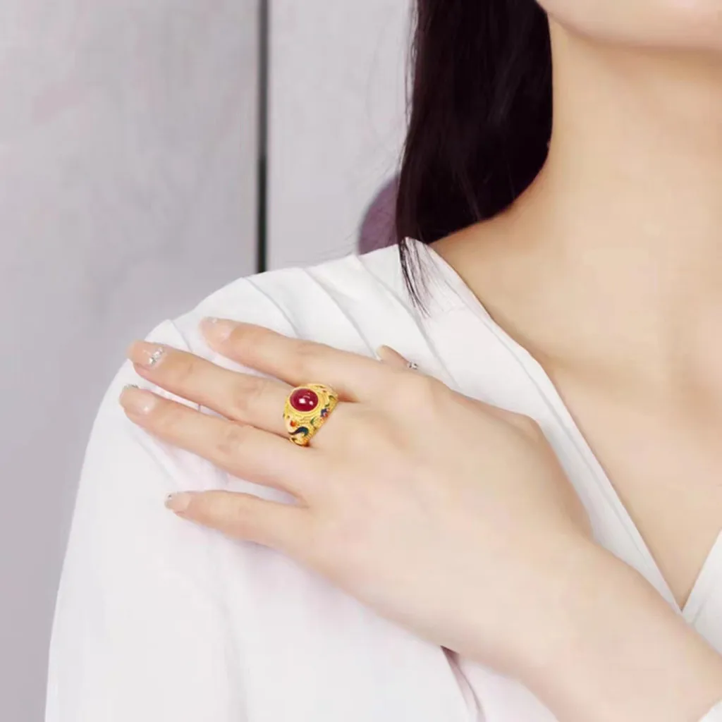 خاتم على شكل بيضاوي من المينا على الطراز الملكي ، عقيق أحمر ، خاتم بحجم قابل للتعديل ، مطلي بالذهب عيار 24