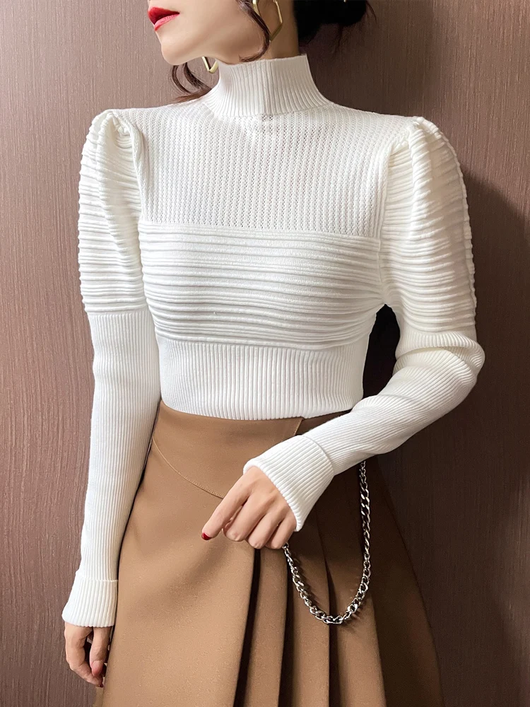 Elegant Solid Basic Knitted Tops Women Turtlneck Sweater Puff Sleeve Casual Slim Pullover Korean Fashion Simple Chic Clothes