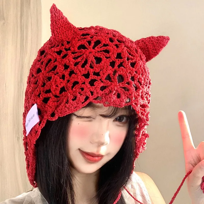Breathable Handmade Cat Ear Knitted Hats Crochet Hollow Flower Skullies Hat Bohemian Style Fringed Princess Beanie Cap for Women