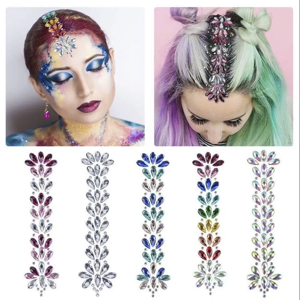 Fashion EDM Music Festival Tattoo Stickers 3D Adhesive Crystal Forehead Sticker Crystal Hair Jewels Body Face Colored Rhinestone