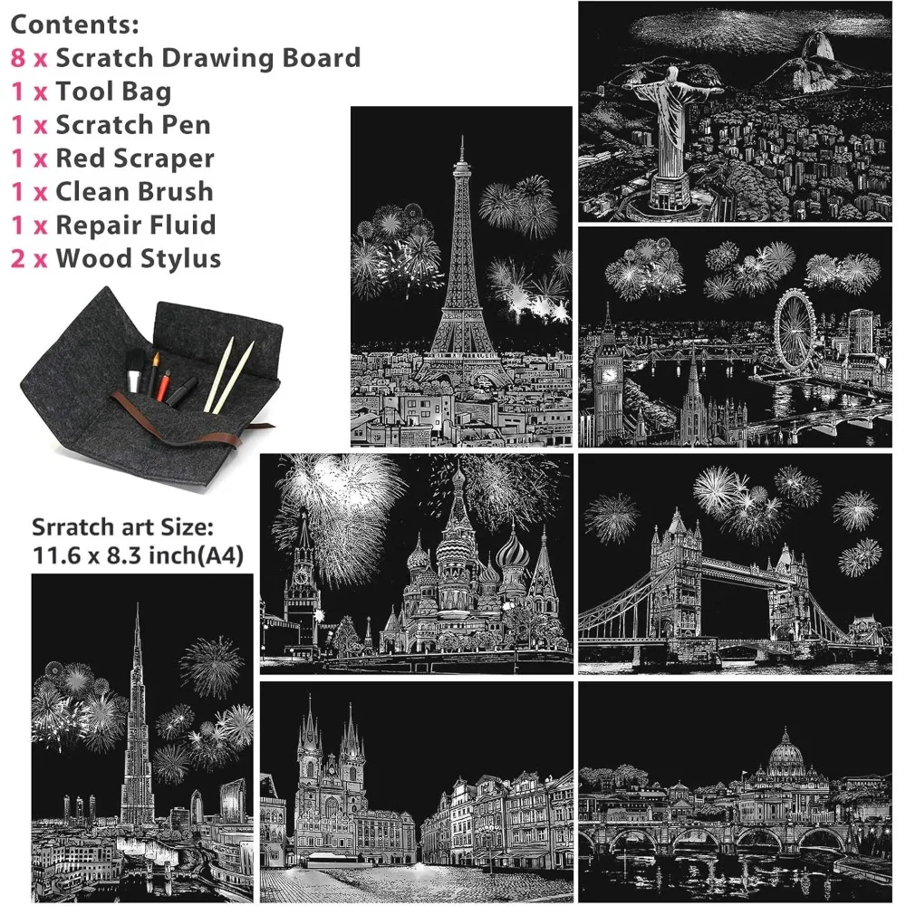 Kit de pintura de rascar para adultos y niños, raspador de escena nocturna de boceto de pintura de arcoíris