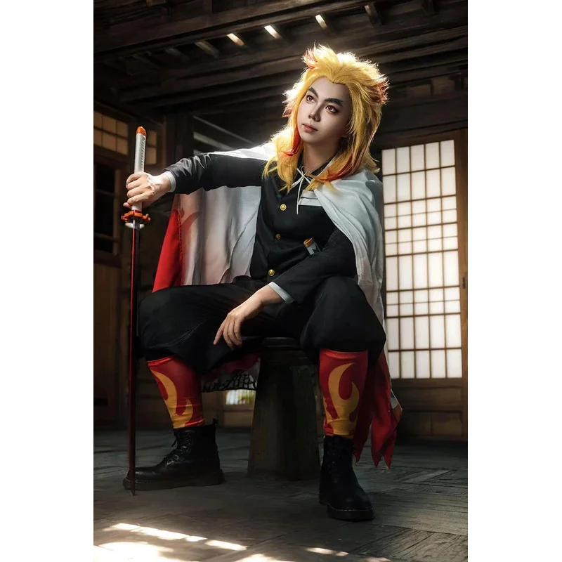 Trajes Rengoku Kyoujurou, disfraz de Demonio de Anime, disfraz de Slayer, peluca para niños y adultos, uniforme tipo kimono, ropa de fiesta Kimetsu No Yaiba