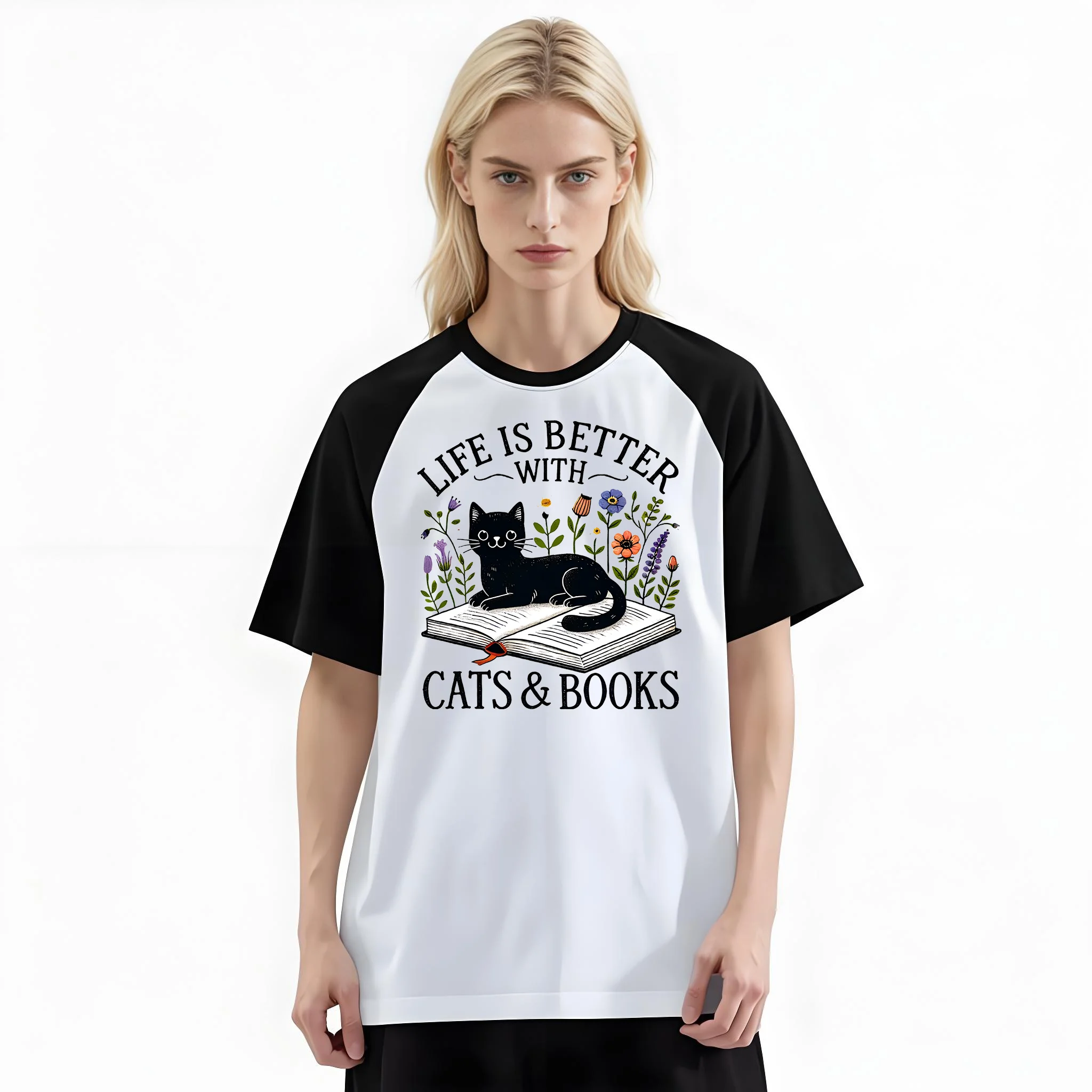 Women'S Fashion Raglan Sleeve T-Shirt, Life Is Better With Cats And Books Black Cat Book Lover Printed, Summer Casual Comfortable Tee, Women'S Everyday Short-Sleeve Top