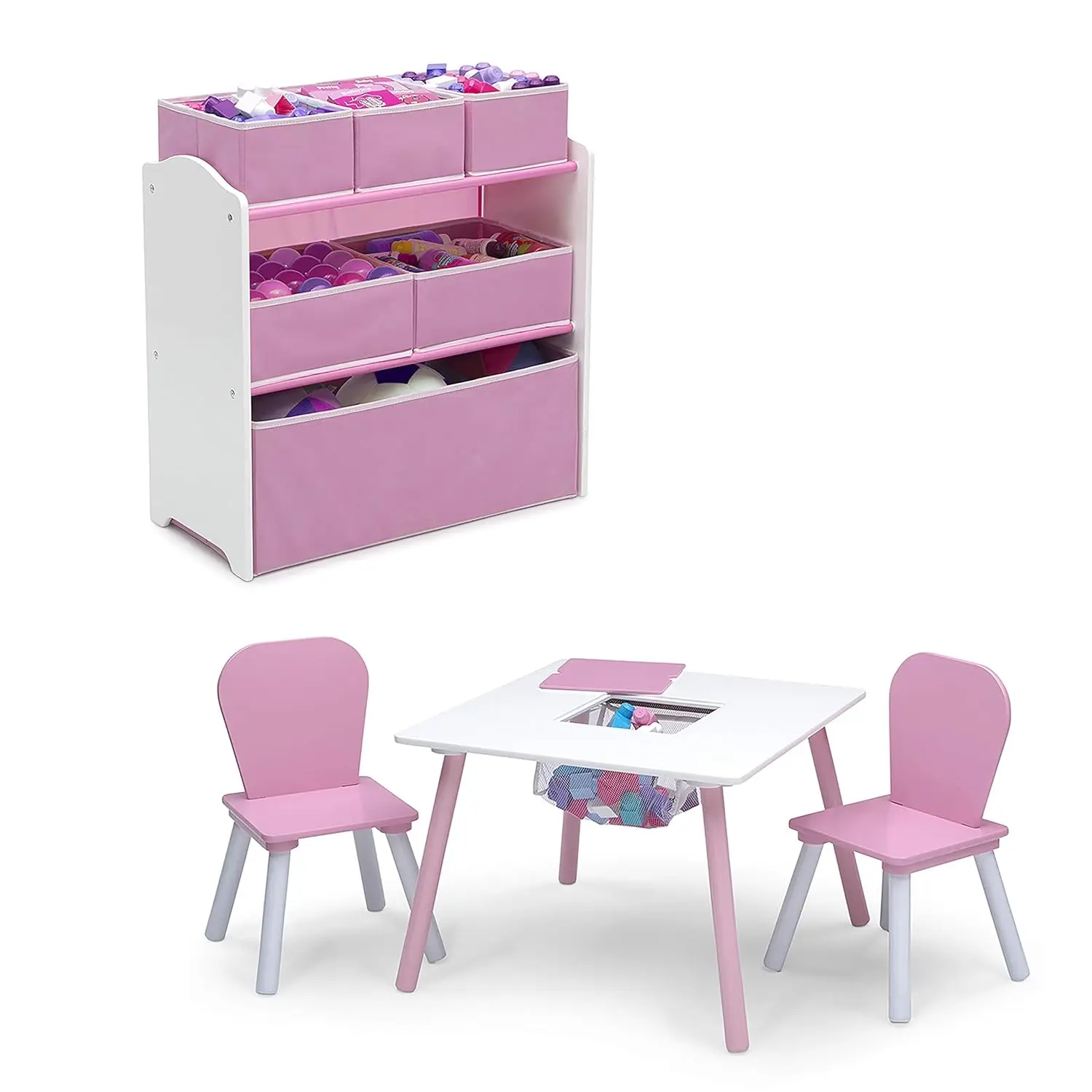 

4-Piece Toddler Playroom Set with Table, Chairs & Toy Organizer in Pink/White for Kids Ages 2+