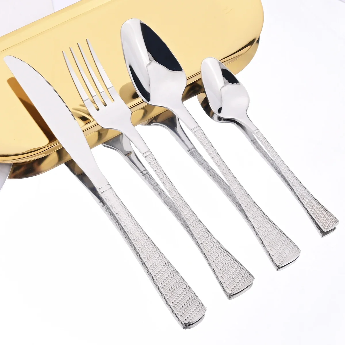4pcs Anti Slip Texture Handle Dinnerware Cutlery Set Mirror Stainless Steel Knife Fork Spoon Tableware Kitchen Party Flatware
