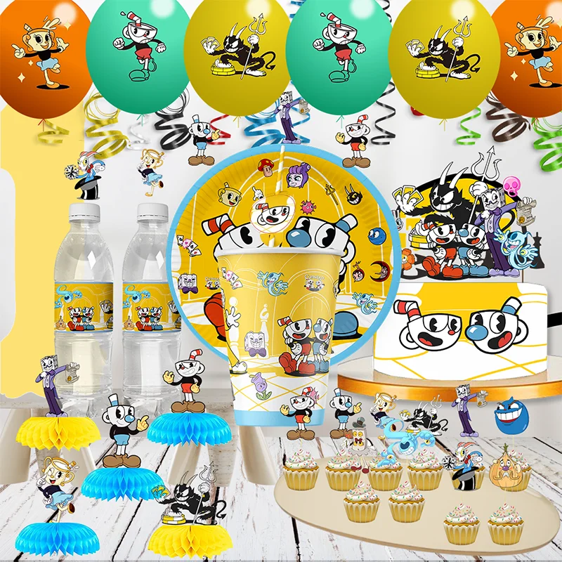 Disney Cuphead DIY fiesta de cumpleaños paja desechable botella de agua pegatina globo banner pastel decoración bebé suministros de baño