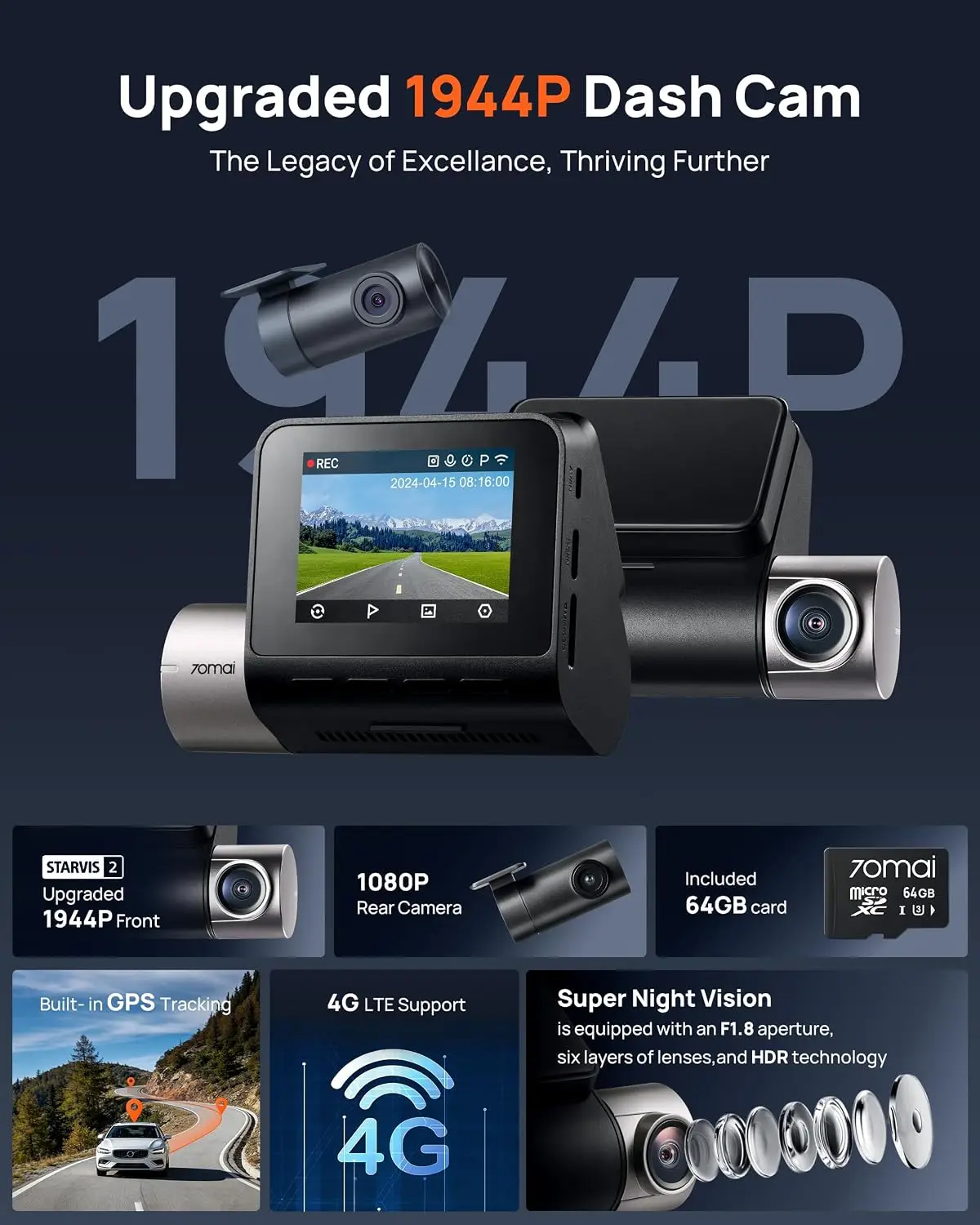 Dual Dash Cam 1944P 1080P STARVIS 2 IMX675 64GB Card 4G LTE ADAS GPS WiFi APP Control HDR 24H Parking Mode Loop Recording