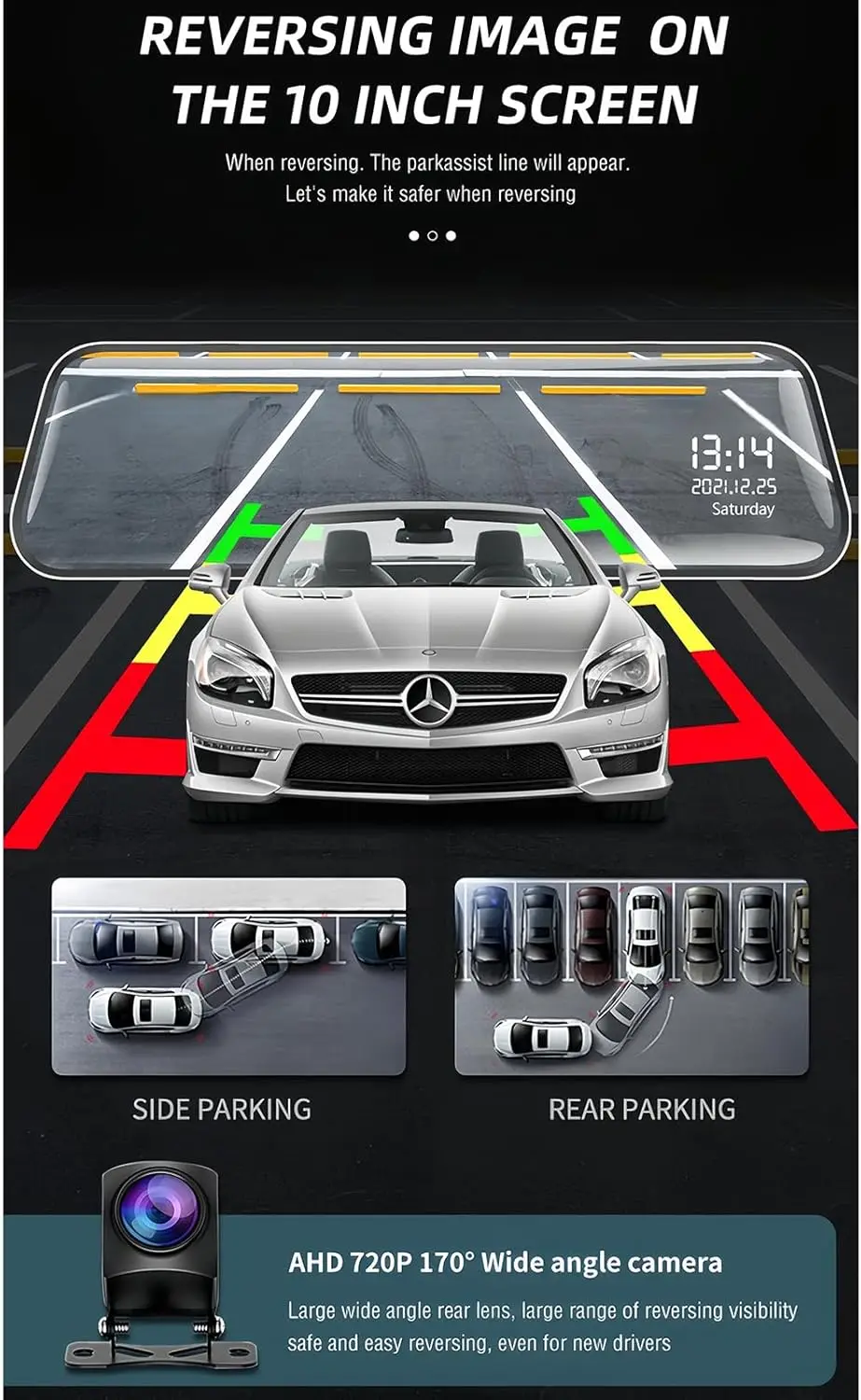 DashCam con Espejo Pantalla Táctil 10 " Vidrio 2.5D para Auto، Dash Camara para Coche Delantera y Trasera، Retrovisor con Camara