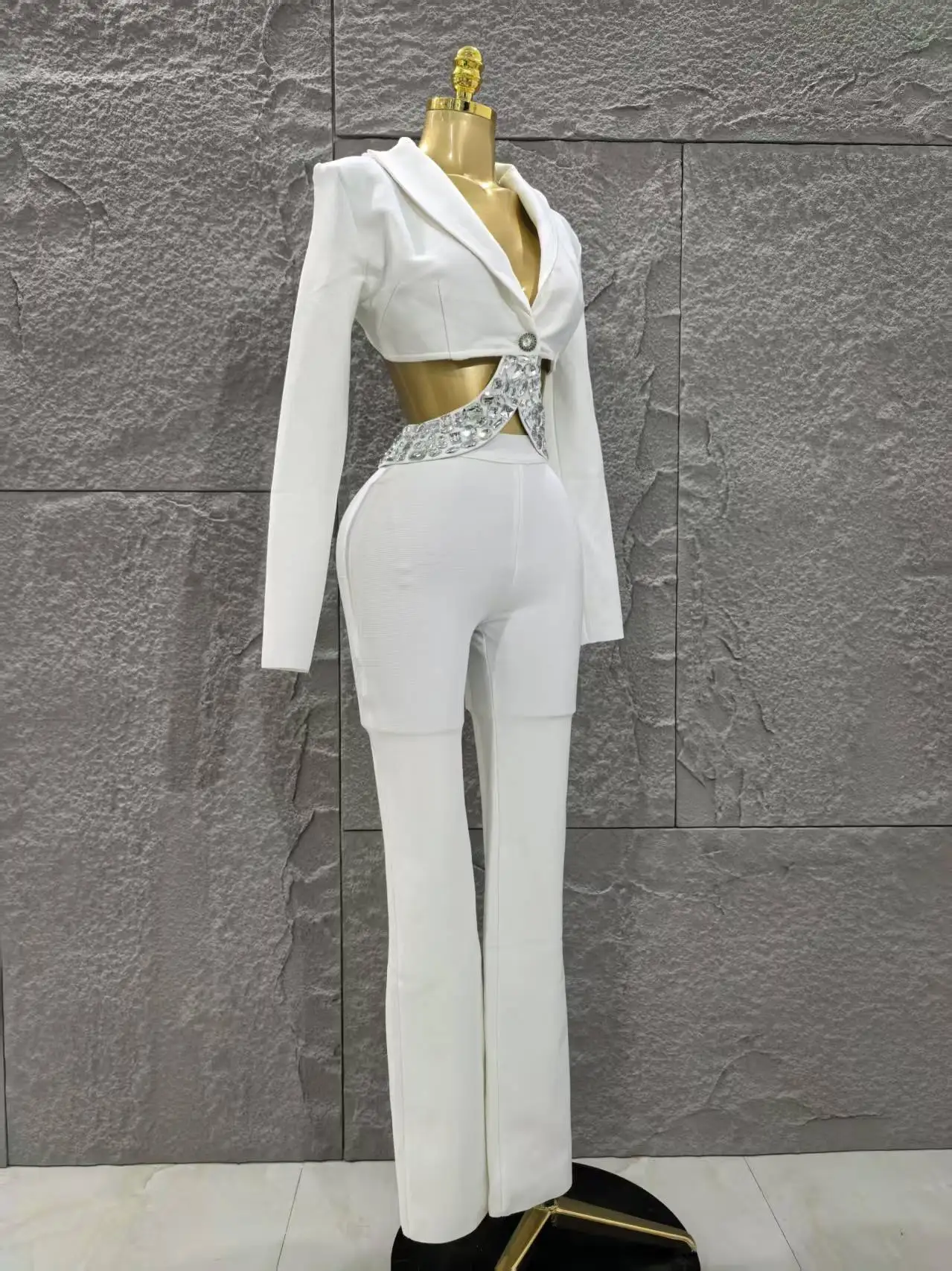 Glamour noir blanc femmes à manches longues Sexy col en v brillant cristal 2 pièces moulante ensemble de pansement célébrer soirée