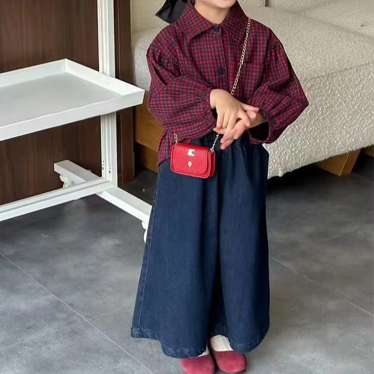 

Girls Suit 2025 Autumn New Children's Clothing Korean Style Girls Baby Plaids Shirt Solid Color Loose Wide Leg Jeans Two Sets