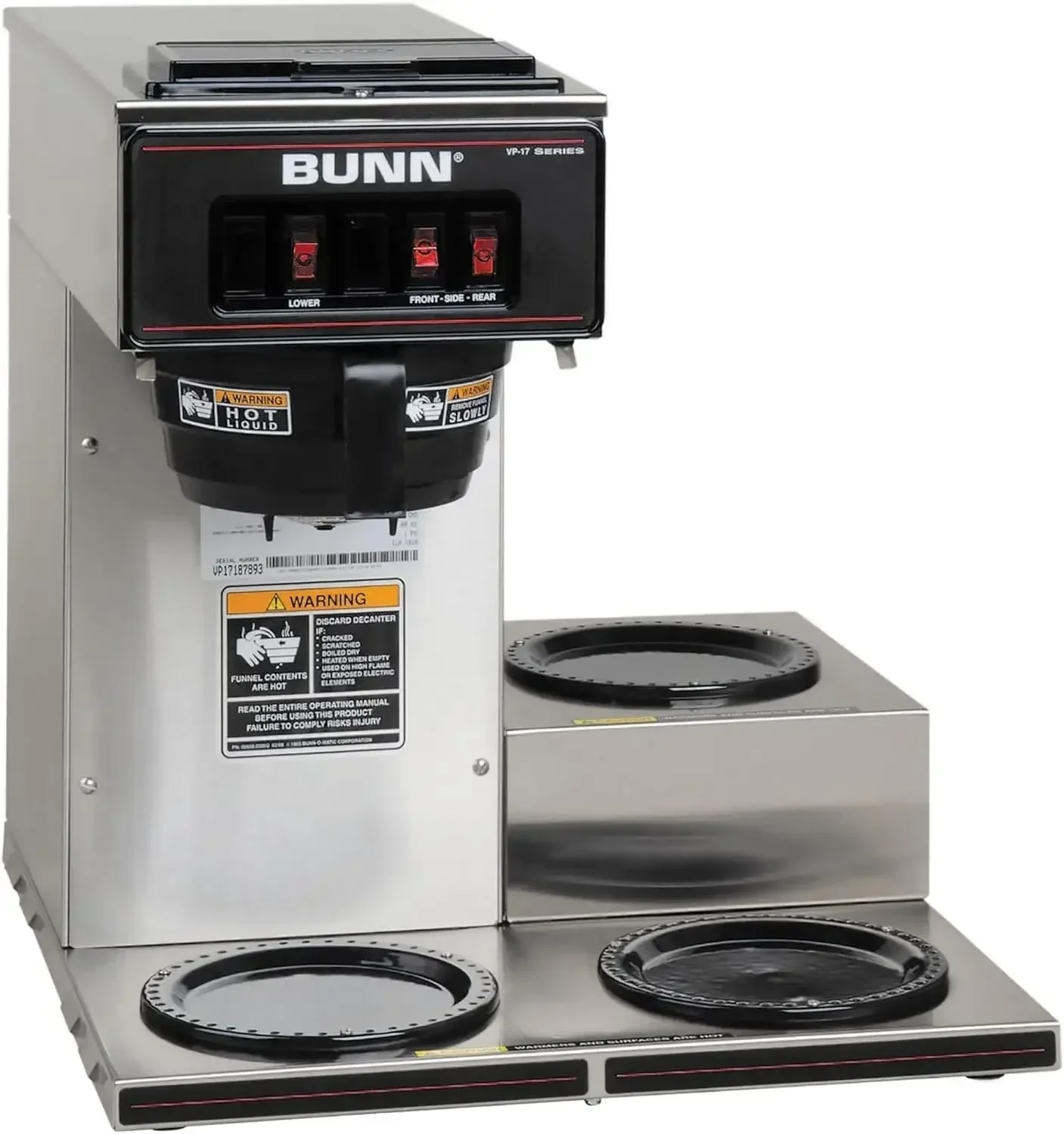 

BUNN VP17-3, 12-Cup Low Profile Pourover Commercial Coffee Maker, 3 Lower Warmers, 13300.0003,Silver