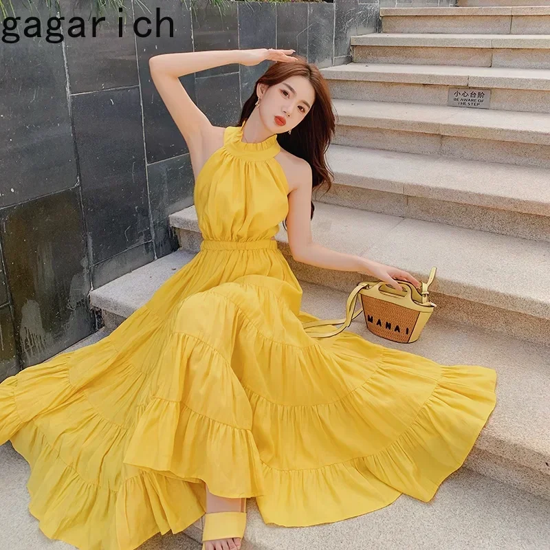 Gagarich Women Bohemian Summer New Western Yellow Long Dress Beach Holiday Backless Halter Neckline Lady Vestidos Robe