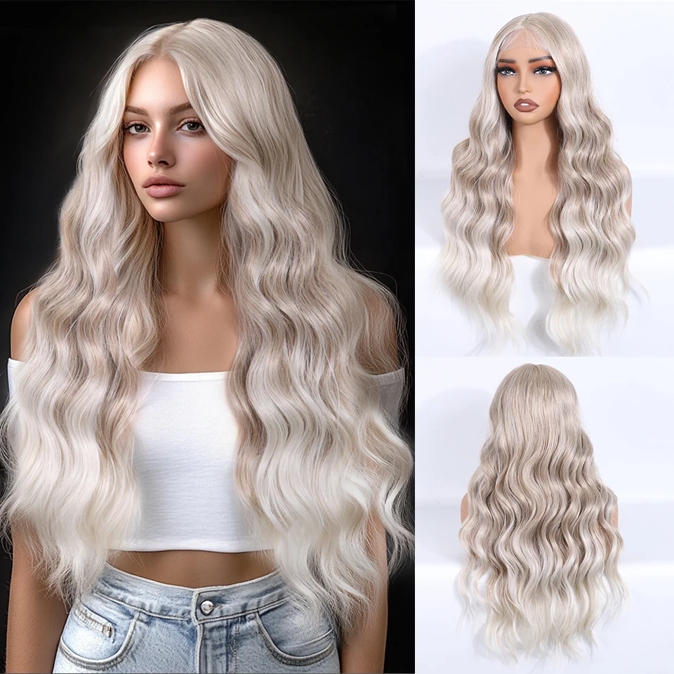 

FREEDOM Synthetic Lace Front Wigs For Women 28" Long Loose Body Wavy Lace Wig Ombre Brown Blonde White Cosplay Wig