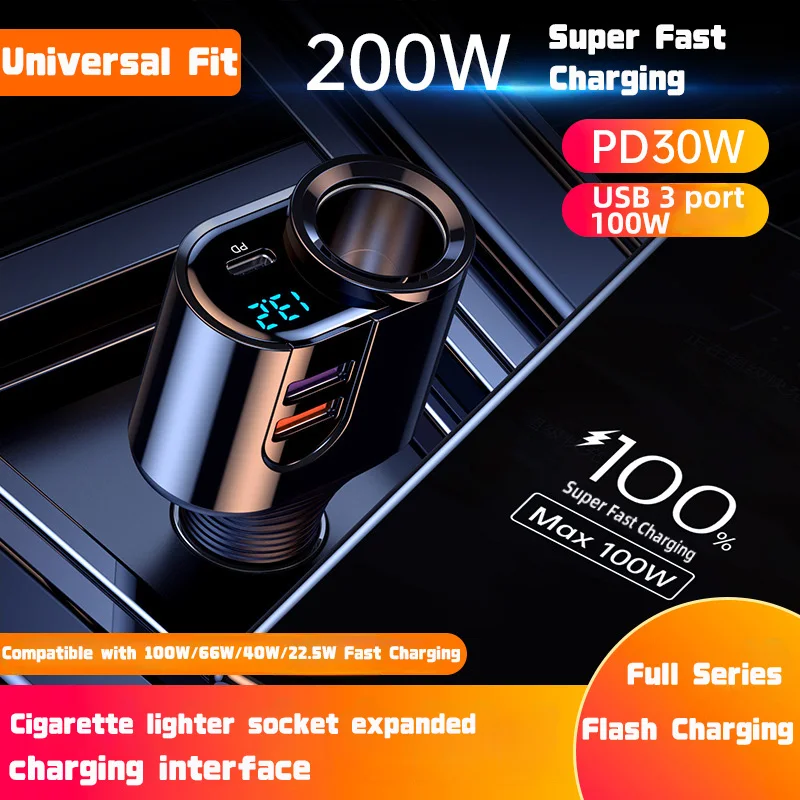 200W Car Charger Fast Charging Voltage Display USB 100W PD 30W 4 in 1 Dual 12V/24V Cigarette Lighter Splitter Power Adapter